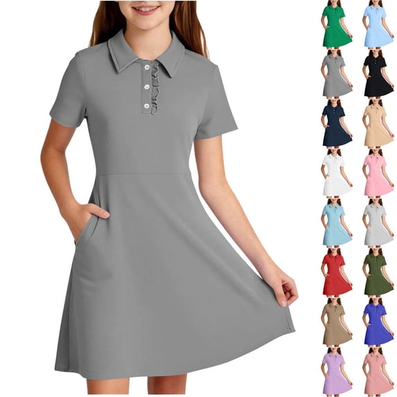 Xaqiouau Girls Collared Dress Short Sleeve Button Front A Line Summer Dresses With Pockets Casual Tennis Golf School Uniform Style