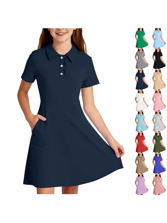 Girls Collared Dress Short Sleeve Button Front A Line Summer Dresses With Pockets Casual Tennis Golf School Uniform Style