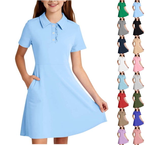 Xaqiouau Girls Collared Dress Short Sleeve Button Front A Line Summer Dresses With Pockets Casual Tennis Golf School Uniform Style