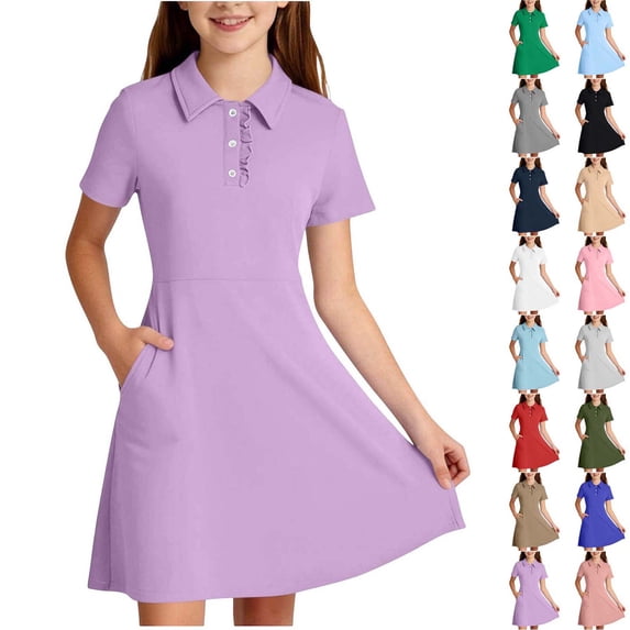 Xaqiouau Girls Collared Dress Short Sleeve Button Front A Line Summer Dresses With Pockets Casual Tennis Golf School Uniform Style