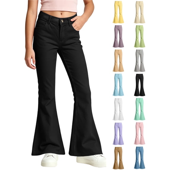 Xaqiouau Girls Flare Leg Pants Slim Fit Solid Color Casual Trousers Button Front Mid Rise Bell Bottom Jeans Style Kids Fashionable Everyday Wear Black 7-8 Years
