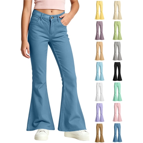 Xaqiouau Girls Flare Leg Pants Slim Fit Solid Color Casual Trousers Button Front Mid Rise Bell Bottom Jeans Style Kids Fashionable Everyday Wear Blue 11-12 Years