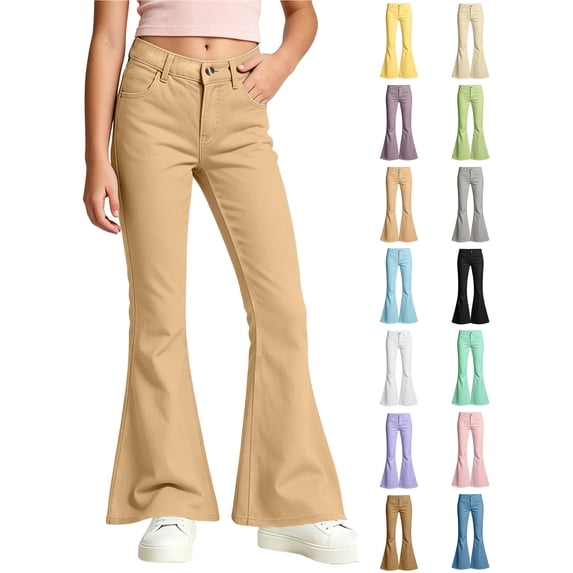 Xaqiouau Girls Flare Leg Pants Slim Fit Solid Color Casual Trousers Button Front Mid Rise Bell Bottom Jeans Style Kids Fashionable Everyday Wear Khaki 5-6 Years