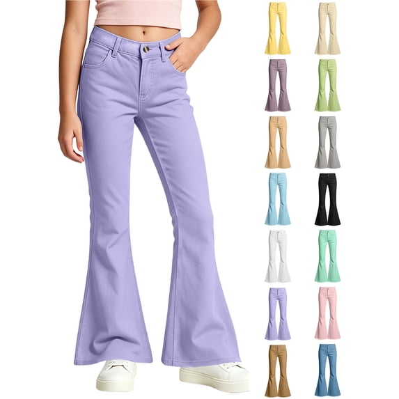 Xaqiouau Girls Flare Leg Pants Slim Fit Solid Color Casual Trousers Button Front Mid Rise Bell Bottom Jeans Style Kids Fashionable Everyday Wear Purple 7-8 Years