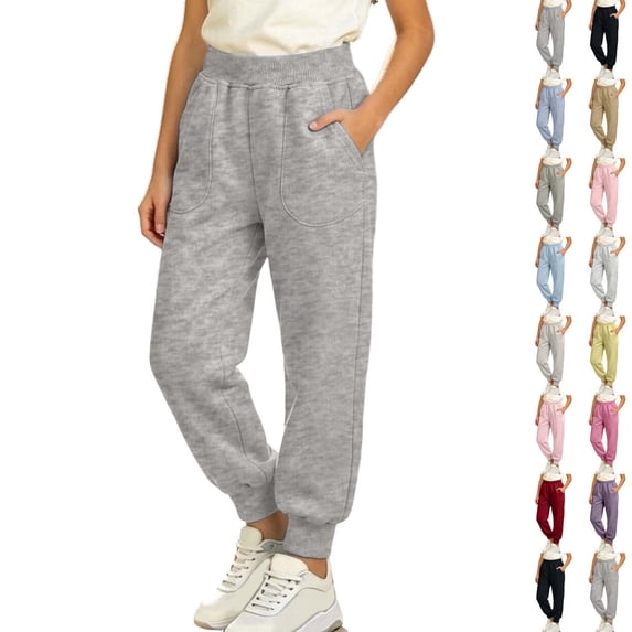 Xaqiouau Girls Fleece Lined Jogger Sweatpants Elastic Waist Casual Athletic Pants with Pockets Soft Warm Cuffed Pull On Pants Girls Clothes