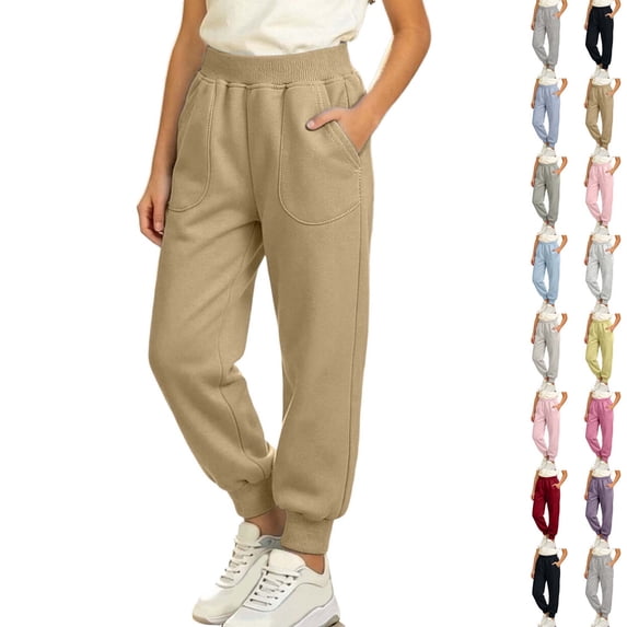 Xaqiouau Girls Fleece Lined Jogger Sweatpants Elastic Waist Casual Athletic Pants with Pockets Soft Warm Cuffed Pull On Pants Girls Clothes