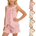 thumbnail image 1 of Xaqiouau Girls Floral 2 Piece Outfit Sleeveless Ruffle Top and Shorts Set Summer Bow Tie Matching Clothes Casual Cute Clothing for Toddler Little Girls, 1 of 6