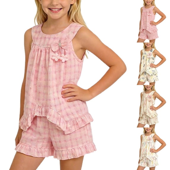 Xaqiouau Girls Floral 2 Piece Outfit Sleeveless Ruffle Top and Shorts Set Summer Bow Tie Matching Clothes Casual Cute Clothing for Toddler Little Girls