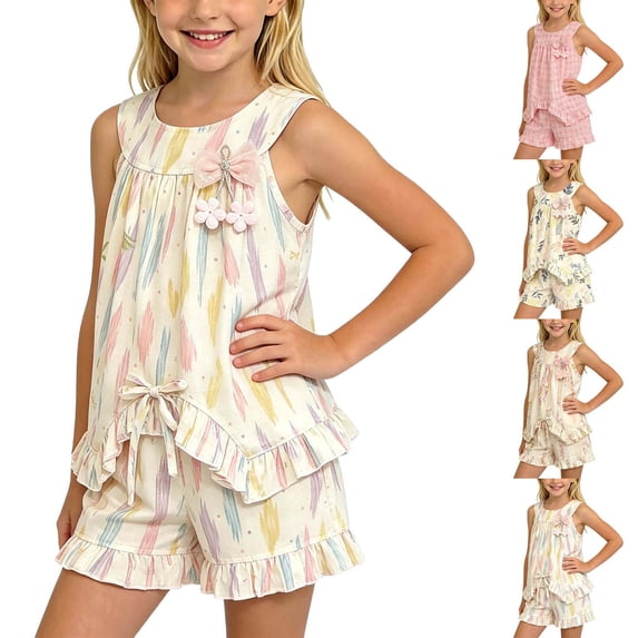 Xaqiouau Girls Floral 2 Piece Outfit Sleeveless Ruffle Top and Shorts Set Summer Bow Tie Matching Clothes Casual Cute Clothing for Toddler Little Girls
