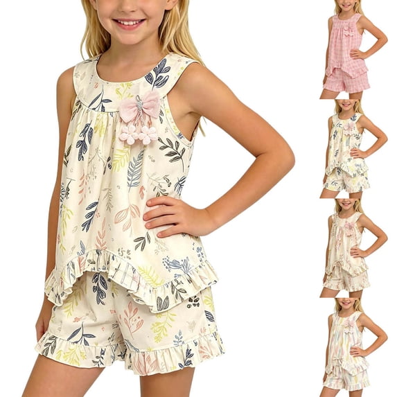 Xaqiouau Girls Floral 2 Piece Outfit Sleeveless Ruffle Top and Shorts Set Summer Bow Tie Matching Clothes Casual Cute Clothing for Toddler Little Girls