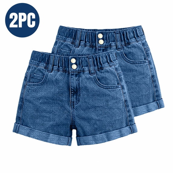Xaqiouau Girls High Waist Denim Shorts Elastic Waist Pull On Jean Shorts Casual Summer Cuffed Denim Shorts with Pockets for Kids 3-15 Years 2PC