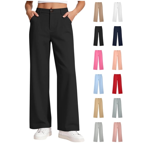 Xaqiouau Girls High Waist Wide Leg Dress Pants Straight Leg Trousers with Pockets Button Front Side Pockets Solid Color Casual School Daily Wear Black 12-13Years
