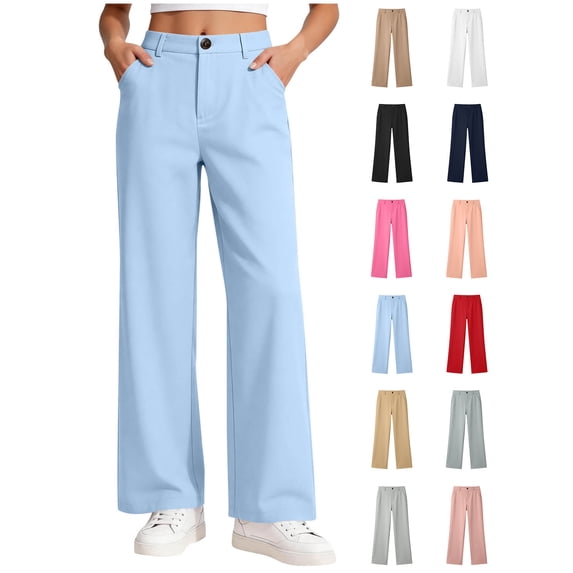 Xaqiouau Girls High Waist Wide Leg Dress Pants Straight Leg Trousers with Pockets Button Front Side Pockets Solid Color Casual School Daily Wear Light Blue 9-10Years