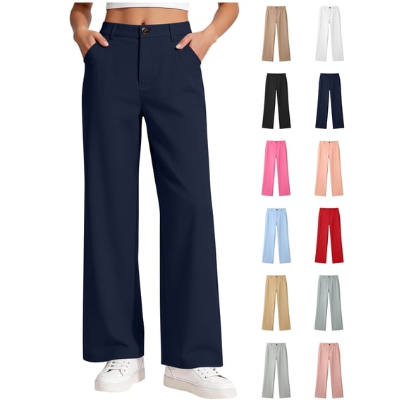 Xaqiouau Girls High Waist Wide Leg Dress Pants Straight Leg Trousers with Pockets Button Front Side Pockets Solid Color Casual School Daily Wear Navy 14-15Years
