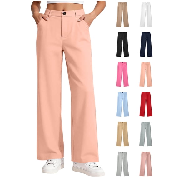 Xaqiouau Girls High Waist Wide Leg Dress Pants Straight Leg Trousers with Pockets Button Front Side Pockets Solid Color Casual School Daily Wear Pink 12-13Years