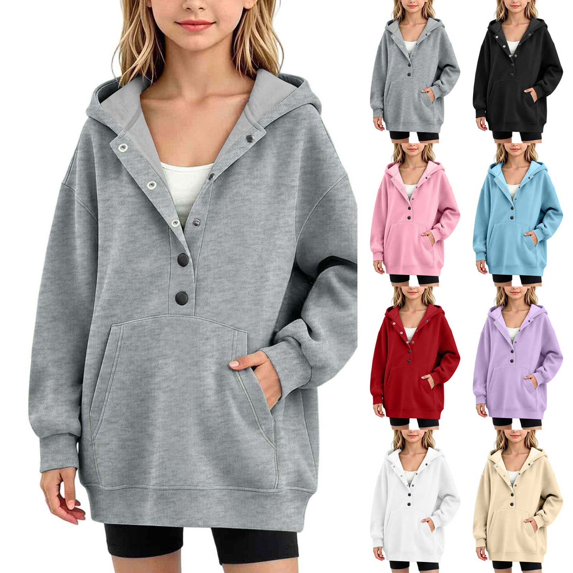 Xaqiouau Girls Hooded Pullover Sweatshirt Long Sleeve Casual Hoodie Tops Snap Button Fleece Sweatshirt Pocket Solid Color Fall Clothes Girls Clothes
