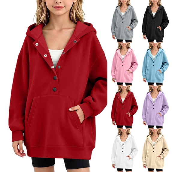 Xaqiouau Girls Hooded Pullover Sweatshirt Long Sleeve Casual Hoodie Tops Snap Button Fleece Sweatshirt Pocket Solid Color Fall Clothes Girls Clothes