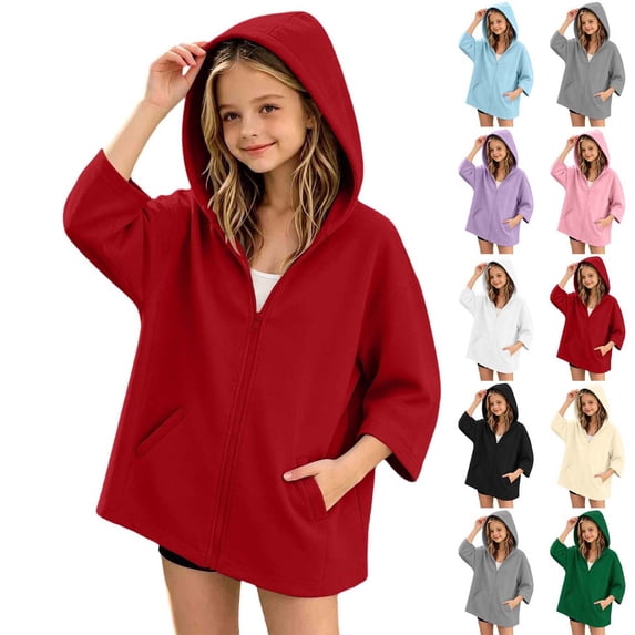 Xaqiouau Girls Hooded Zip Up Jacket Casual Cape Hoodie Long Sleeve Lightweight Outerwear Solid Color Coat Back To School Daily Wear Girls Clothes