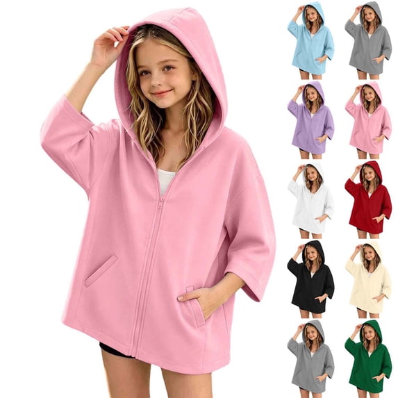 Xaqiouau Girls Hooded Zip Up Jacket Casual Cape Hoodie Long Sleeve Lightweight Outerwear Solid Color Coat Back To School Daily Wear Girls Clothes