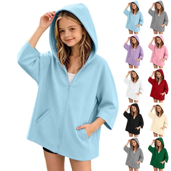 Xaqiouau Girls Hooded Zip Up Jacket Casual Cape Hoodie Long Sleeve Lightweight Outerwear Solid Color Coat Back To School Daily Wear Girls Clothes