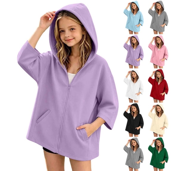 Xaqiouau Girls Hooded Zip Up Jacket Casual Cape Hoodie Long Sleeve Lightweight Outerwear Solid Color Coat Back To School Daily Wear Girls Clothes