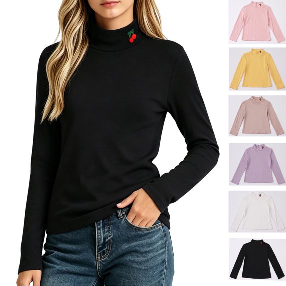 Xaqiouau Girls Mock Neck Embroidery Long Sleeve Soft Stretchy Slim Basic Shirts Everyday Essential All-Season Kids Pullover Tops School Daily Wear Casual Tee Black 3-4Years