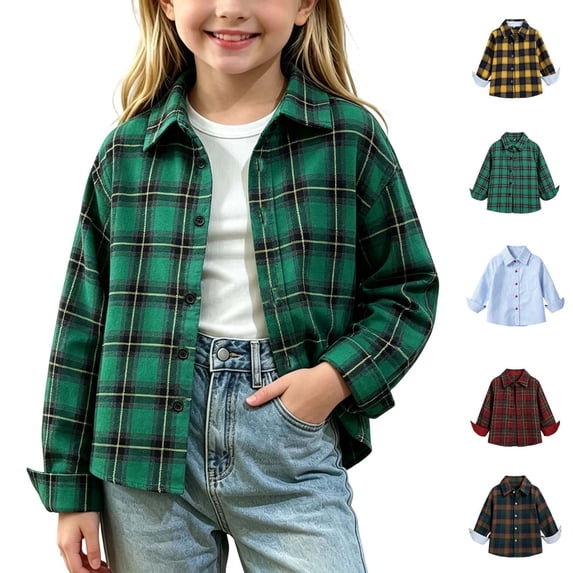 Xaqiouau Girls Plaid Button Down Shirt Long Sleeve Flannel Shirt Casual Collared Loose Fit Lightweight Fall Tops for Kids Girls
