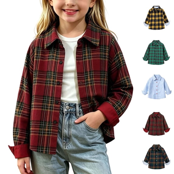 Xaqiouau Girls Plaid Button Down Shirt Long Sleeve Flannel Shirt Casual Collared Loose Fit Lightweight Fall Tops for Kids Girls