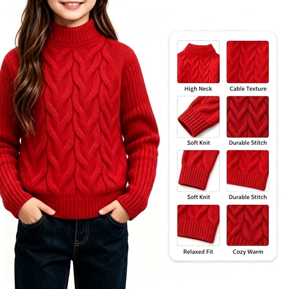 Xaqiouau Girls Polyester Solid Cable Knit Turtleneck Regular Fit Long Sleeve Warm Fall Winter Casual School Pullover Knit Sweater Tops Red 3-4Years