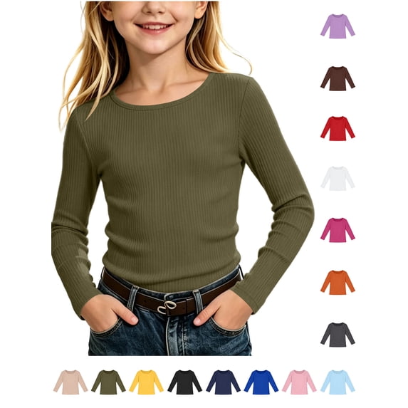 Xaqiouau Girls Ribbed Long Sleeve Top Crew Neck Stretch Solid Color Slim Fit Basic Undershirt Fall Winter School Daily Layering Tee Army Green 11-12Years
