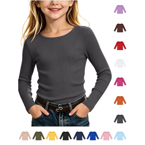 Xaqiouau Girls Ribbed Long Sleeve Top Crew Neck Stretch Solid Color Slim Fit Basic Undershirt Fall Winter School Daily Layering Tee Dark Gray 7-8Years