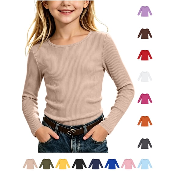 Xaqiouau Girls Ribbed Long Sleeve Top Crew Neck Stretch Solid Color Slim Fit Basic Undershirt Fall Winter School Daily Layering Tee Khaki 5-6Years