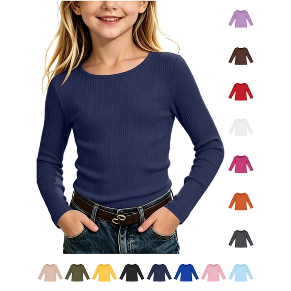 Xaqiouau Girls Ribbed Long Sleeve Top Crew Neck Stretch Solid Color Slim Fit Basic Undershirt Fall Winter School Daily Layering Tee Navy 12-13Years