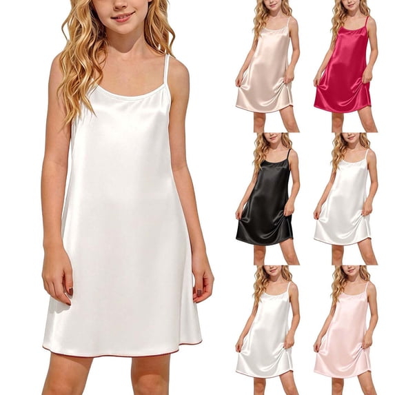 Xaqiouau Girls Satin Slip Dress Soft Cami Nightgown Sleeveless Mini Dress Summer Sleepwear Casual Party Dress Cute A Line Dresses for Girls