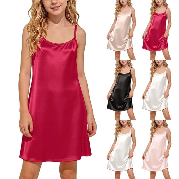 Xaqiouau Girls Satin Slip Dress Soft Cami Nightgown Sleeveless Mini Dress Summer Sleepwear Casual Party Dress Cute A Line Dresses for Girls