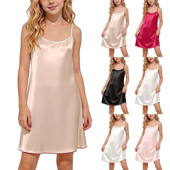 Xaqiouau Girls Satin Slip Dress Soft Cami Nightgown Sleeveless Mini Dress Summer Sleepwear Casual Party Dress Cute A Line Dresses for Girls