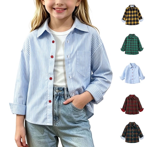 Xaqiouau Girls Striped Button Down Shirt Long Sleeve Collared Blouse Casual Oversized Pocket Tops School Uniform Shirt for Kids