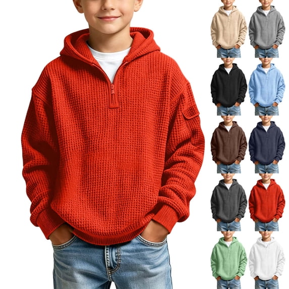 Xaqiouau Hoodies for Boys Girls Quarter Zip Waffle Knit Pullover Hooded Sweatshirt Long Sleeve Casual Tops Warm Fall Winter Back to School Clothes Kids Clothes Arm Pocket