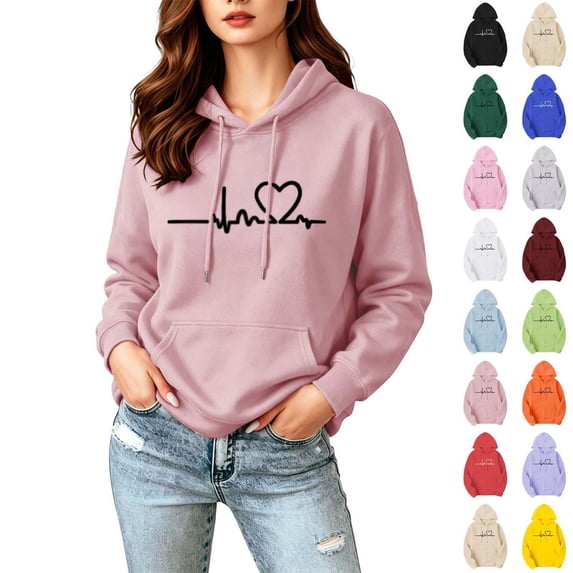 Xaqiouau Hoodies for Women Heartbeat Heart Print Hooded Sweatshirt Long Sleeve Casual Pullover Hoodie Drawstring Fall Winter Sweatshirts with Pocket