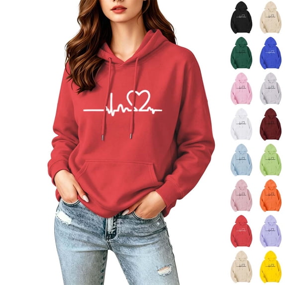 Xaqiouau Hoodies for Women Heartbeat Heart Print Hooded Sweatshirt Long Sleeve Casual Pullover Hoodie Drawstring Fall Winter Sweatshirts with Pocket