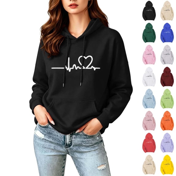 Xaqiouau Hoodies for Women Heartbeat Heart Print Hooded Sweatshirt Long Sleeve Casual Pullover Hoodie Drawstring Fall Winter Sweatshirts with Pocket