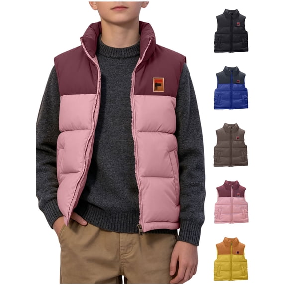 Xaqiouau Kids Color Block Puffer Vest Zip Up Stand Collar Sleeveless Winter Warm Gilet Quilted Padded Jacket Boys Girls School Layering Outerwear Pink 5-6 Years
