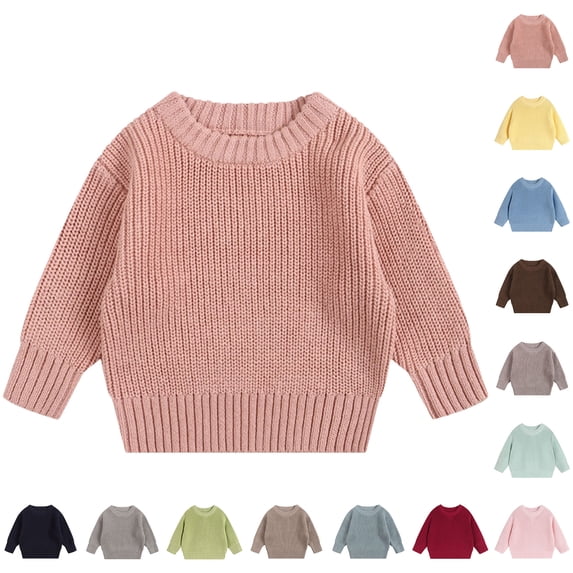 Xaqiouau Kids Crew Neck Chunky Knit Sweater Loose Pullover Top Solid Color Winter Warm Basic Shirt Toddler Boys Girls Soft Cotton Knitwear Casual Outwear A-Pink 2 Years