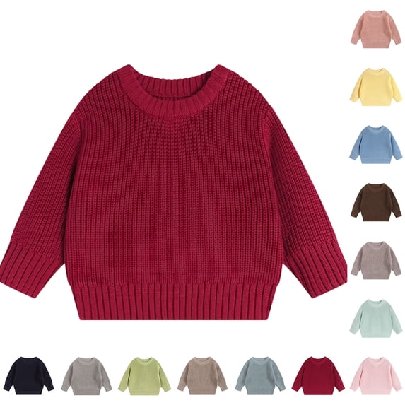 Xaqiouau Kids Crew Neck Chunky Knit Sweater Loose Pullover Top Solid Color Winter Warm Basic Shirt Toddler Boys Girls Soft Cotton Knitwear Casual Outwear Red 9 Months