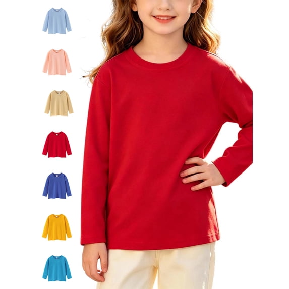 Xaqiouau Kids Long Sleeve Cotton Shirt Crewneck Solid Color Tee Loose Fit Pullover Top Boys Girls School Playwear Everyday Essential Soft Breathable Basic Red 8-9 Years