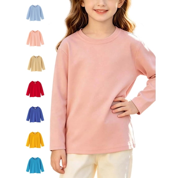 Xaqiouau Kids Long Sleeve Cotton Shirt Crewneck Solid Color Tee Loose Fit Pullover Top Boys Girls School Playwear Everyday Essential Soft Breathable Basic Pink 2-3 Years