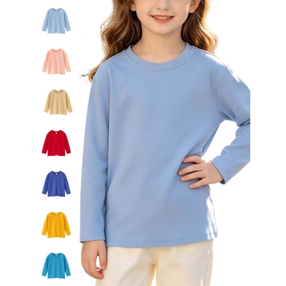 Xaqiouau Kids Long Sleeve Cotton Shirt Crewneck Solid Color Tee Loose Fit Pullover Top Boys Girls School Playwear Everyday Essential Soft Breathable Basic Light Blue 4-5 Years