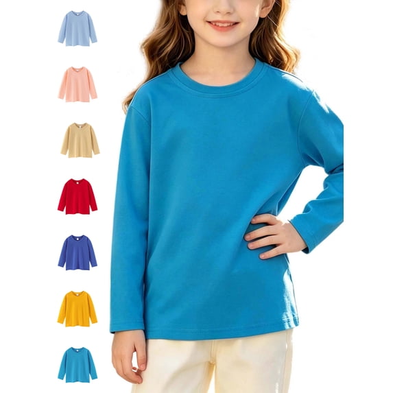 Xaqiouau Kids Long Sleeve Cotton Shirt Crewneck Solid Color Tee Loose Fit Pullover Top Boys Girls School Playwear Everyday Essential Soft Breathable Basic Sky Blue 3-4 Years