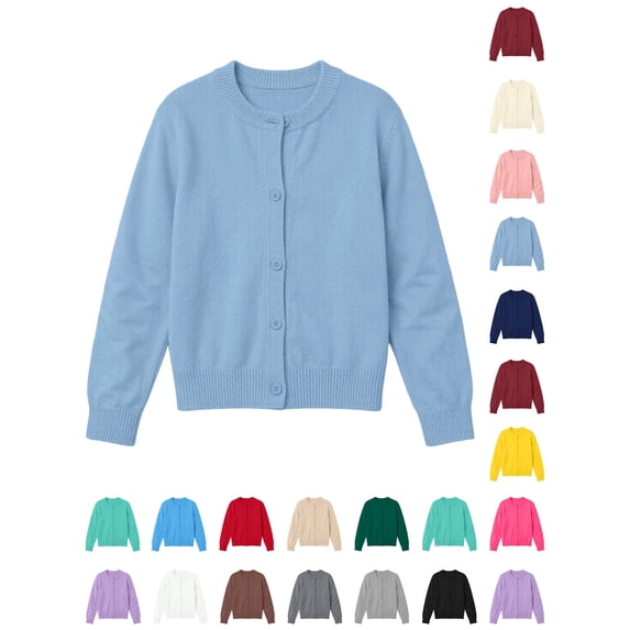 Xaqiouau Little Girls Button Down Cardigan Sweater Crew Neck Long Sleeve Knitted Solid Color Casual Coat Fall Winter School Daily Wear Light Blue 2-3Years