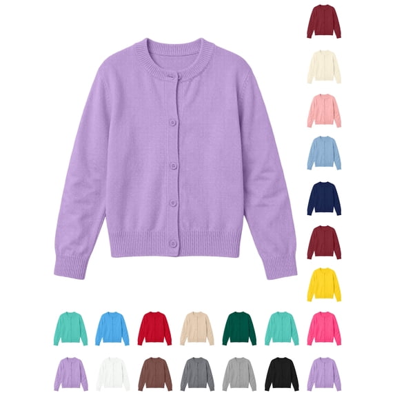 Xaqiouau Little Girls Button Down Cardigan Sweater Crew Neck Long Sleeve Knitted Solid Color Casual Coat Fall Winter School Daily Wear Purple 8-9Years